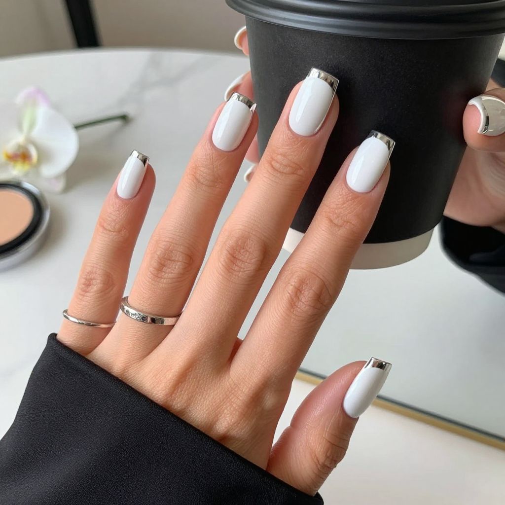 Glossy White with Metallic Silver Tips Nails