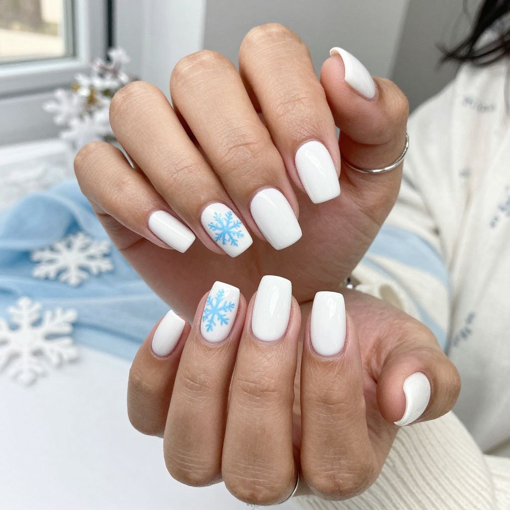 Winter White with Blue Snowflake Accents Nails