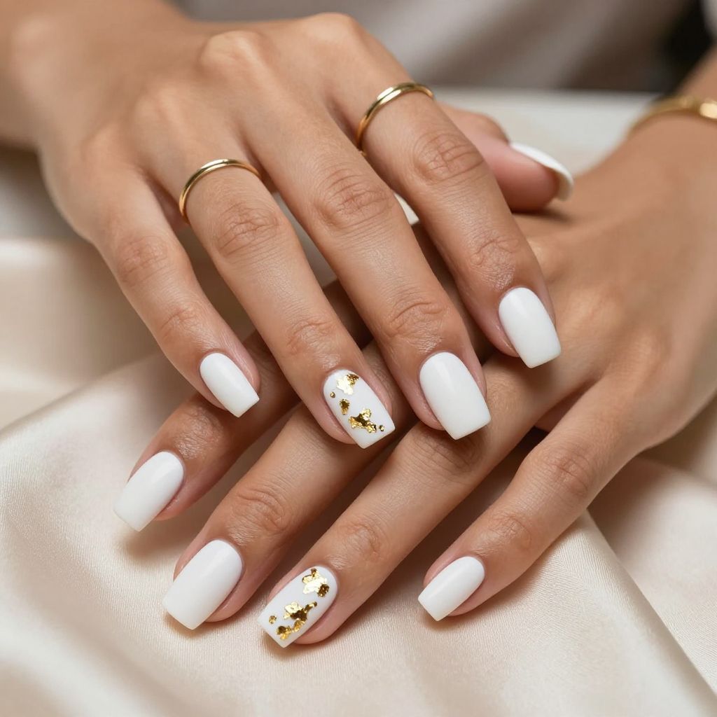 White Satin with Gold Foil Touches Nails