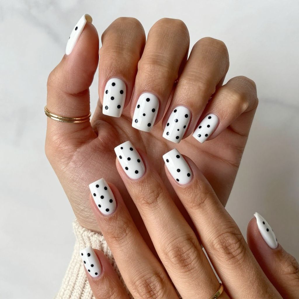 Bold White with Black Polka Dots Nails