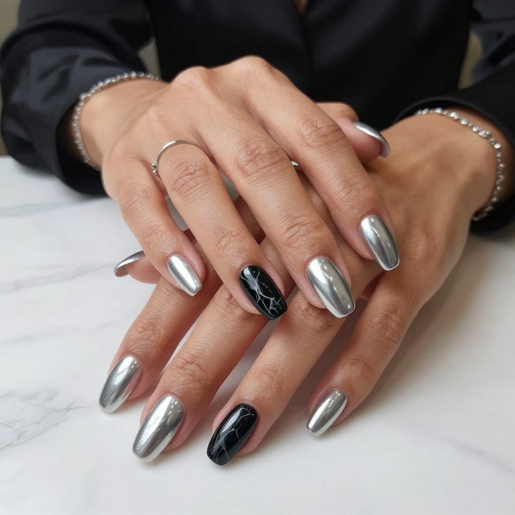 Metallic Silver with Black Marble