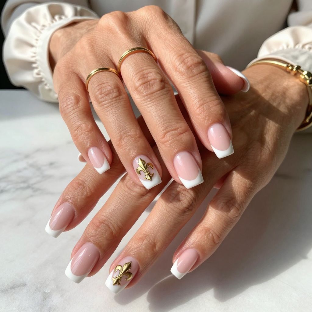 Baby Pink French Tips with Gold Leaf Fleur de Lis