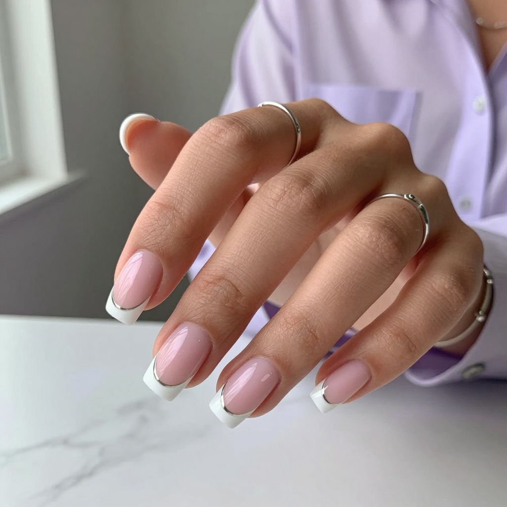 Baby Pink French Tips with Thin Silver Line Detail