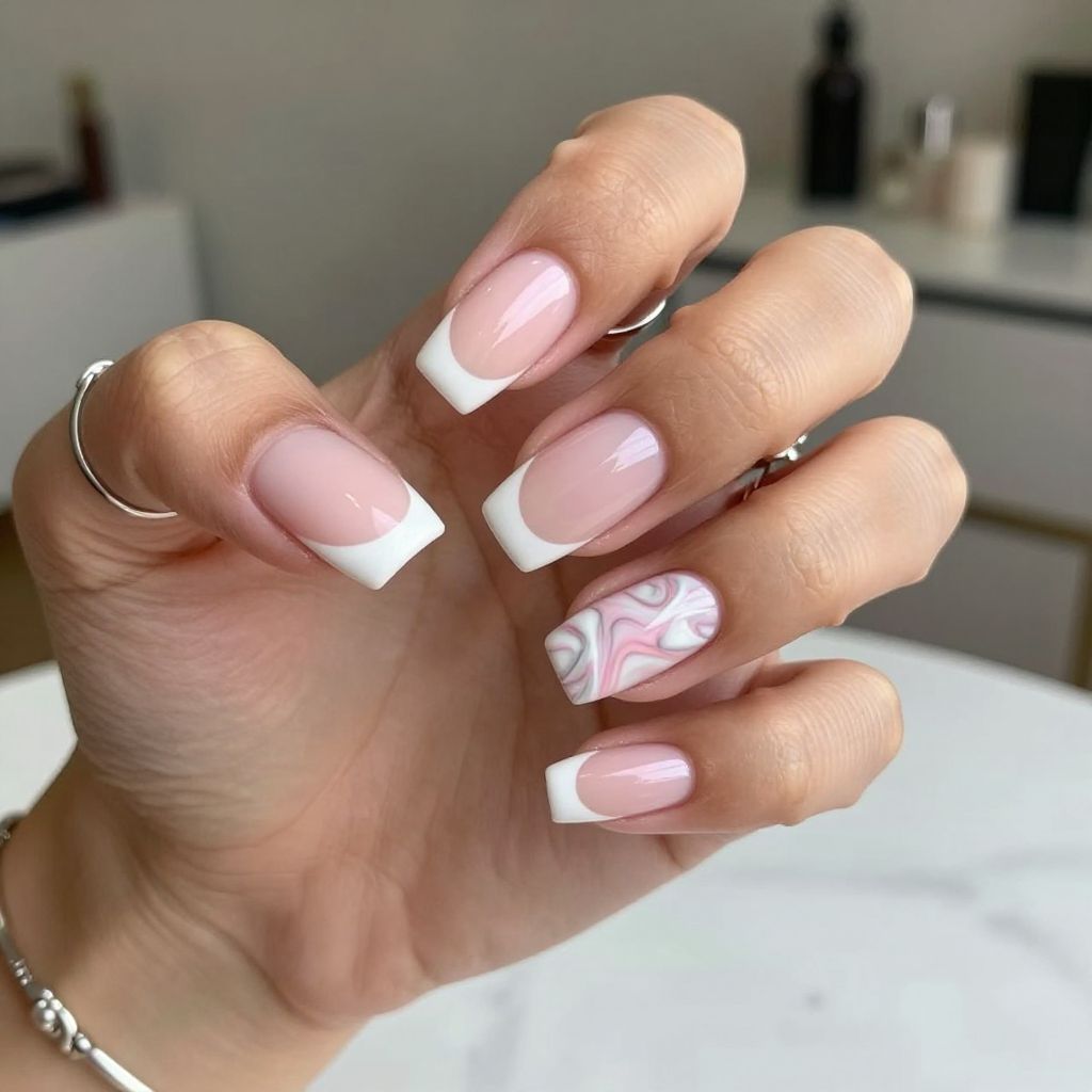 Baby Pink French Tip Nails with Marble Effect Accent