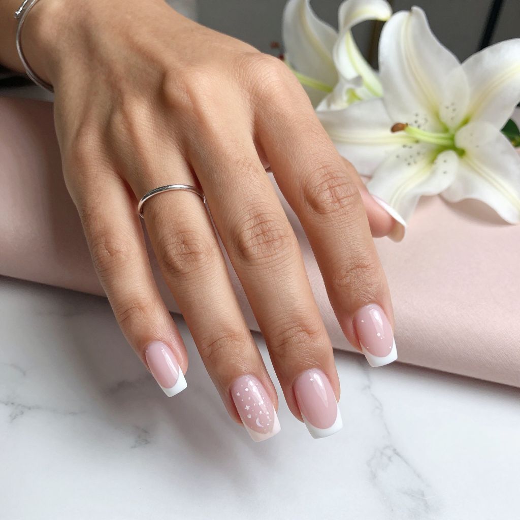 Baby Pink French Tips with Tiny Stars and Moon Details