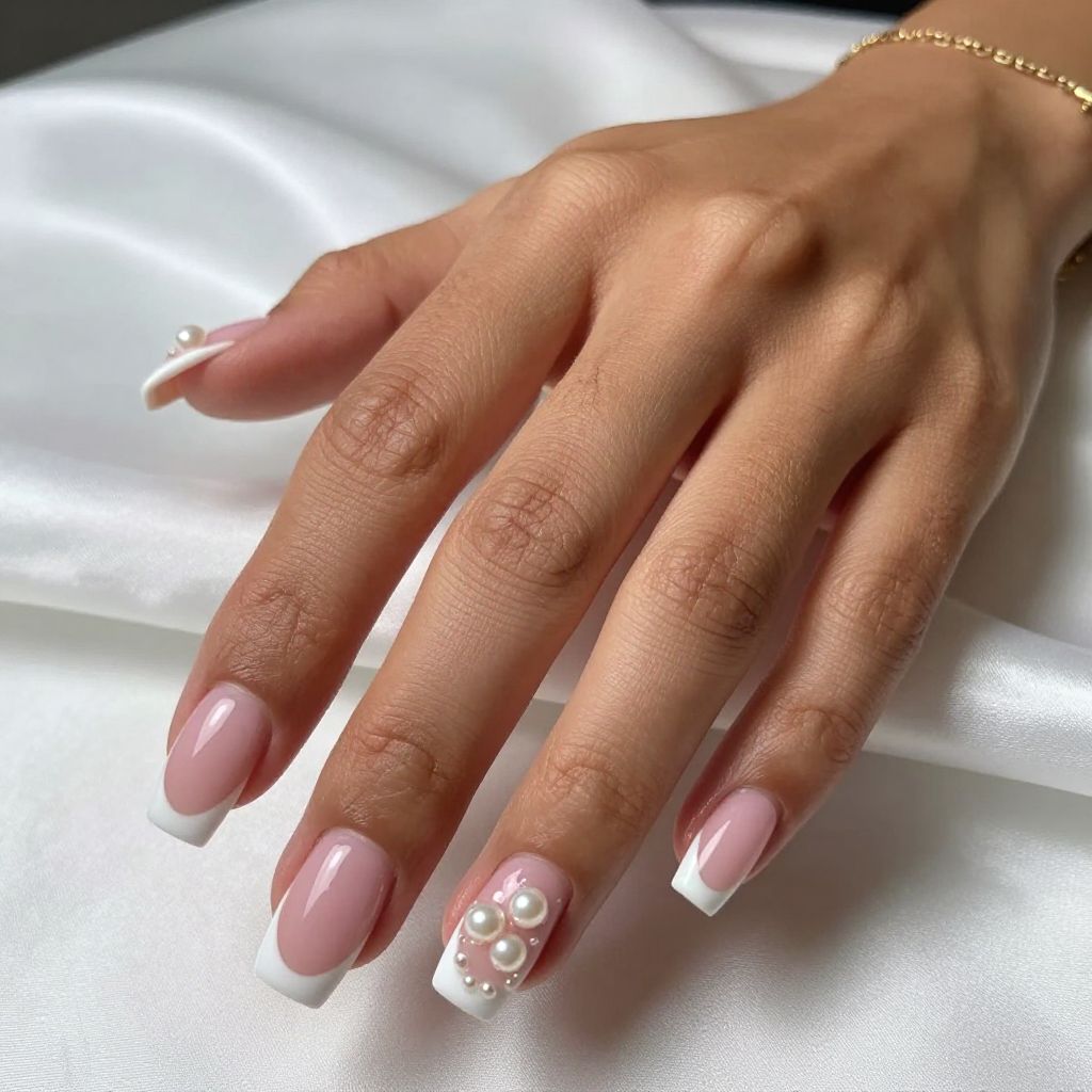 Baby Pink with French Tip and Tiny Pearl Accents