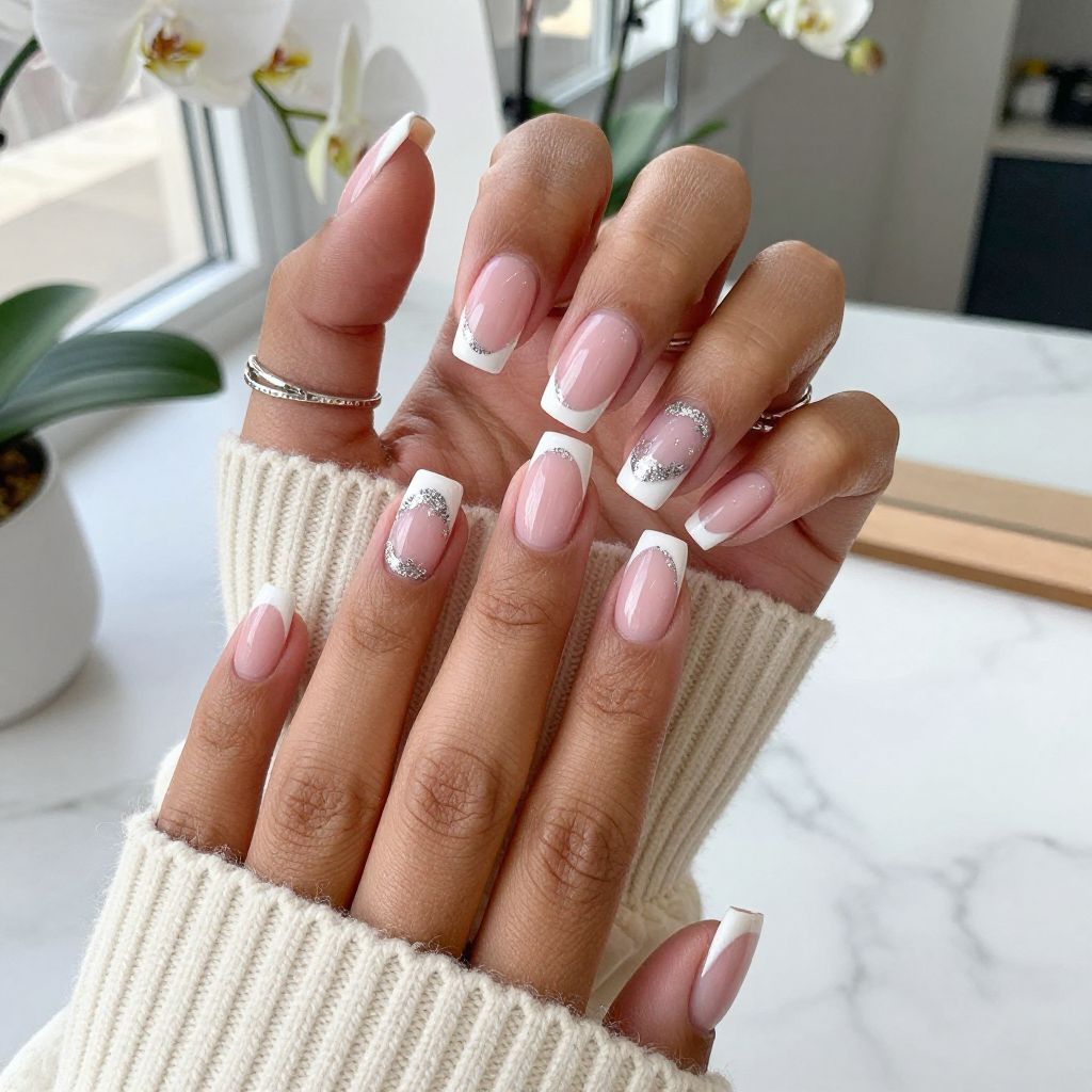 Baby Pink Square Nails with Silver Foil French Tips