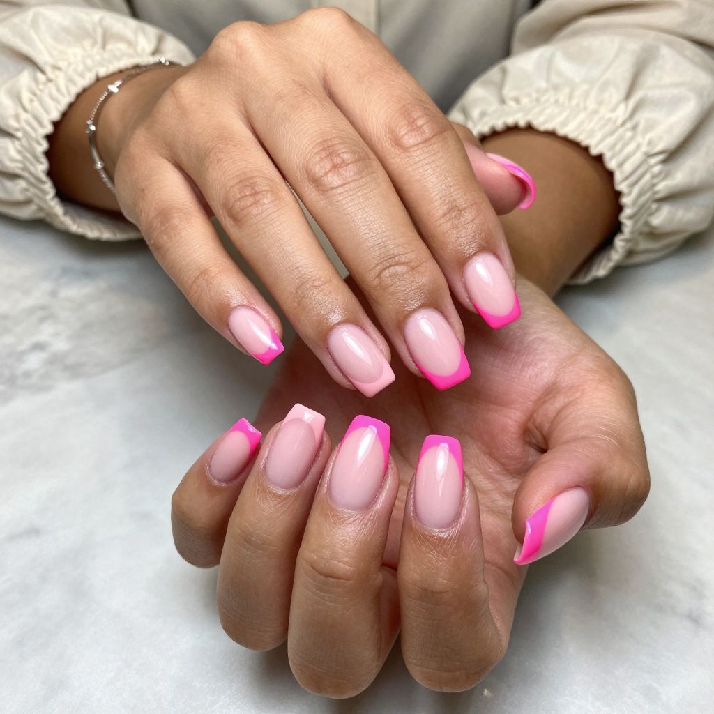 Glossy Baby Pink Base with Neon Pink French Tips