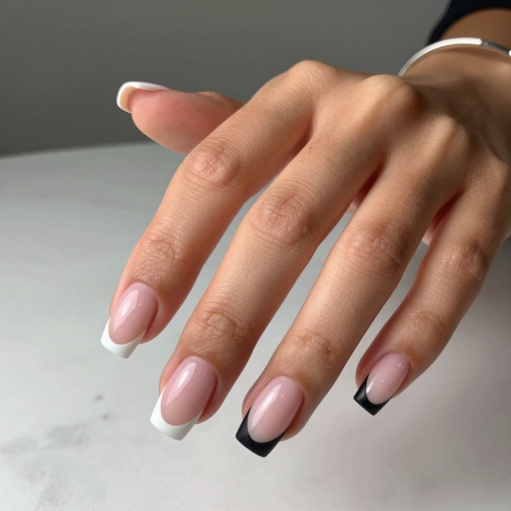 Baby Pink French Tips with Matte Black Accent Nail