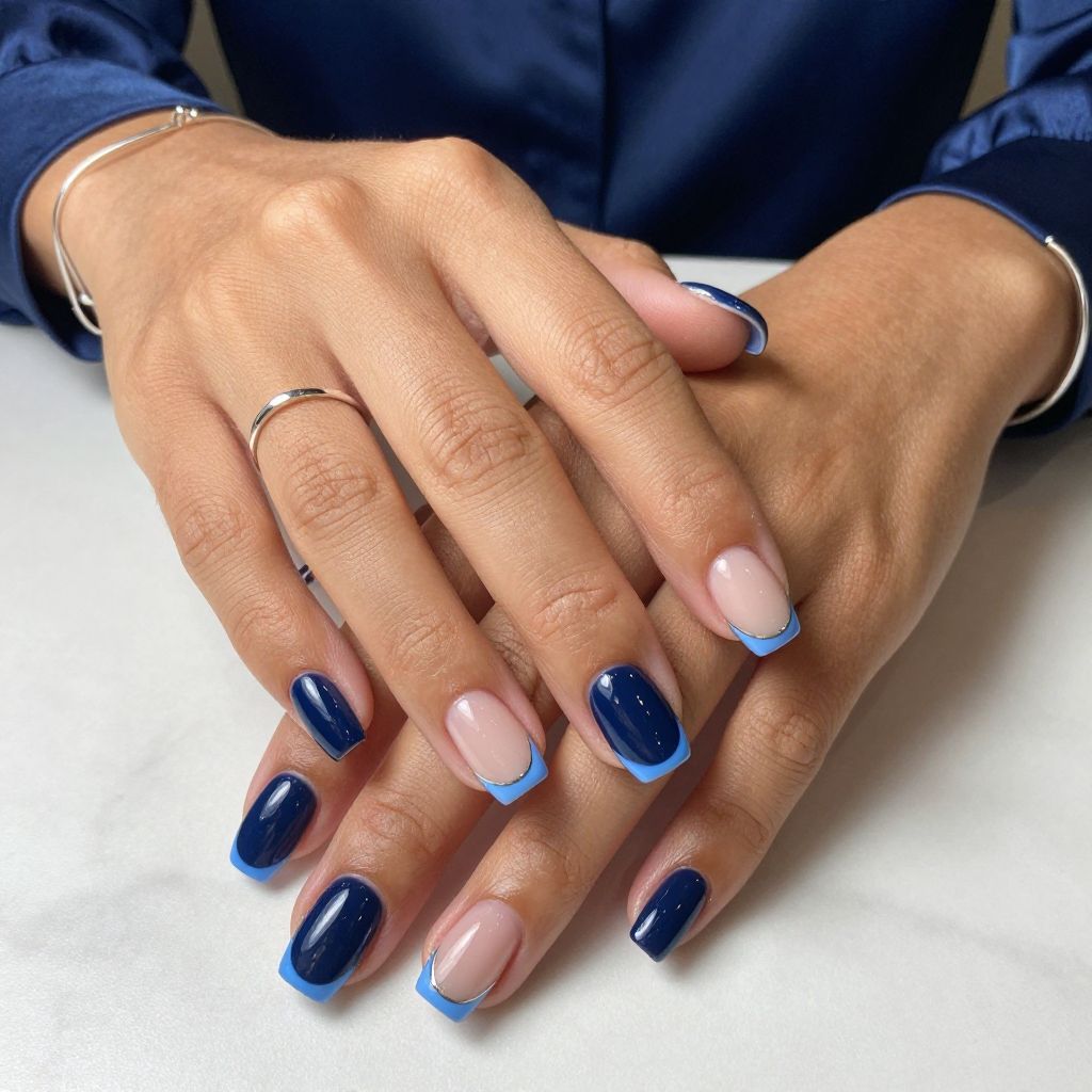 Navy Base with Baby Blue French Tips and Silver Line