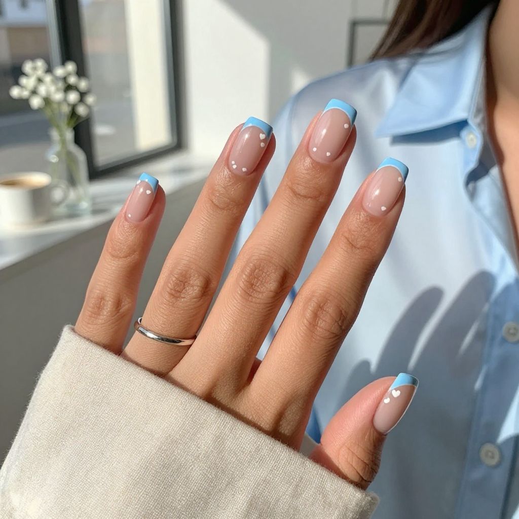 Baby Blue French Tips with Tiny Heart Dots