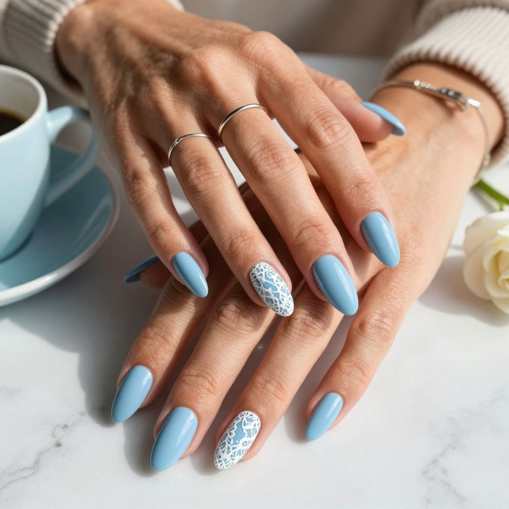 Solid Baby Blue with Delicate White Lace Accents