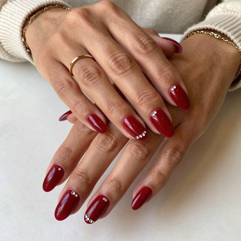 Glossy Blood Red with Rhinestone Cluster Nails