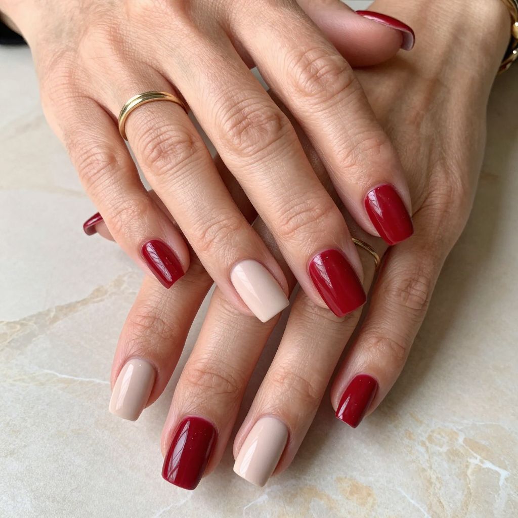 Blood Red and Nude Block Color Nails