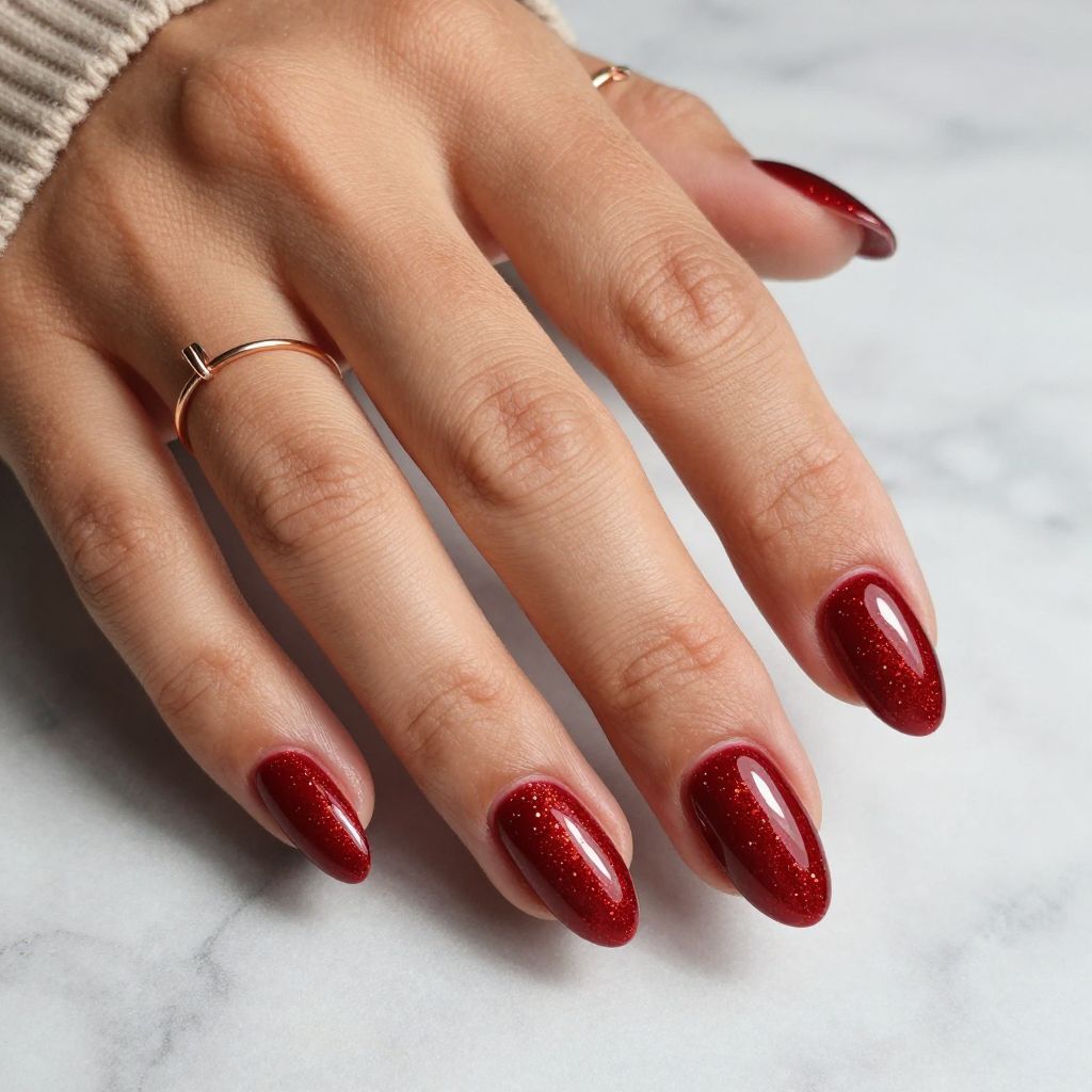 Deep Blood Red with Subtle Glitter Fade Nails
