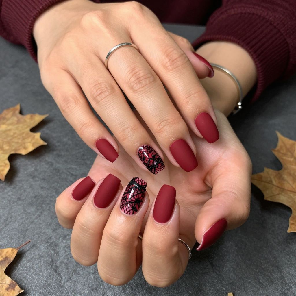 Matte Blood Red with Black Lace Detail Nails