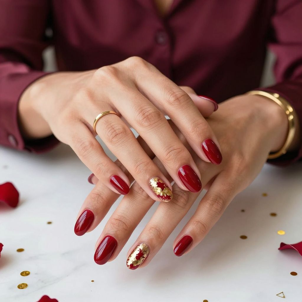 Blood Red with Subtle Gold Foil Nails