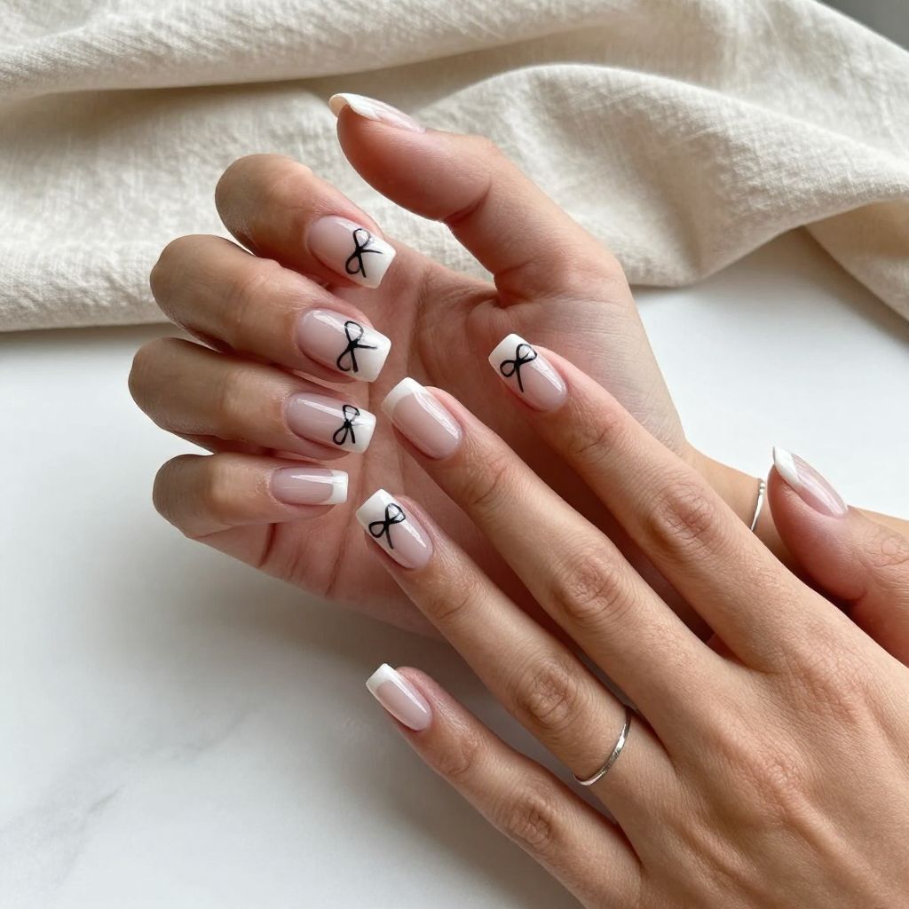 Minimal White Nails with Black Bow Negative Space