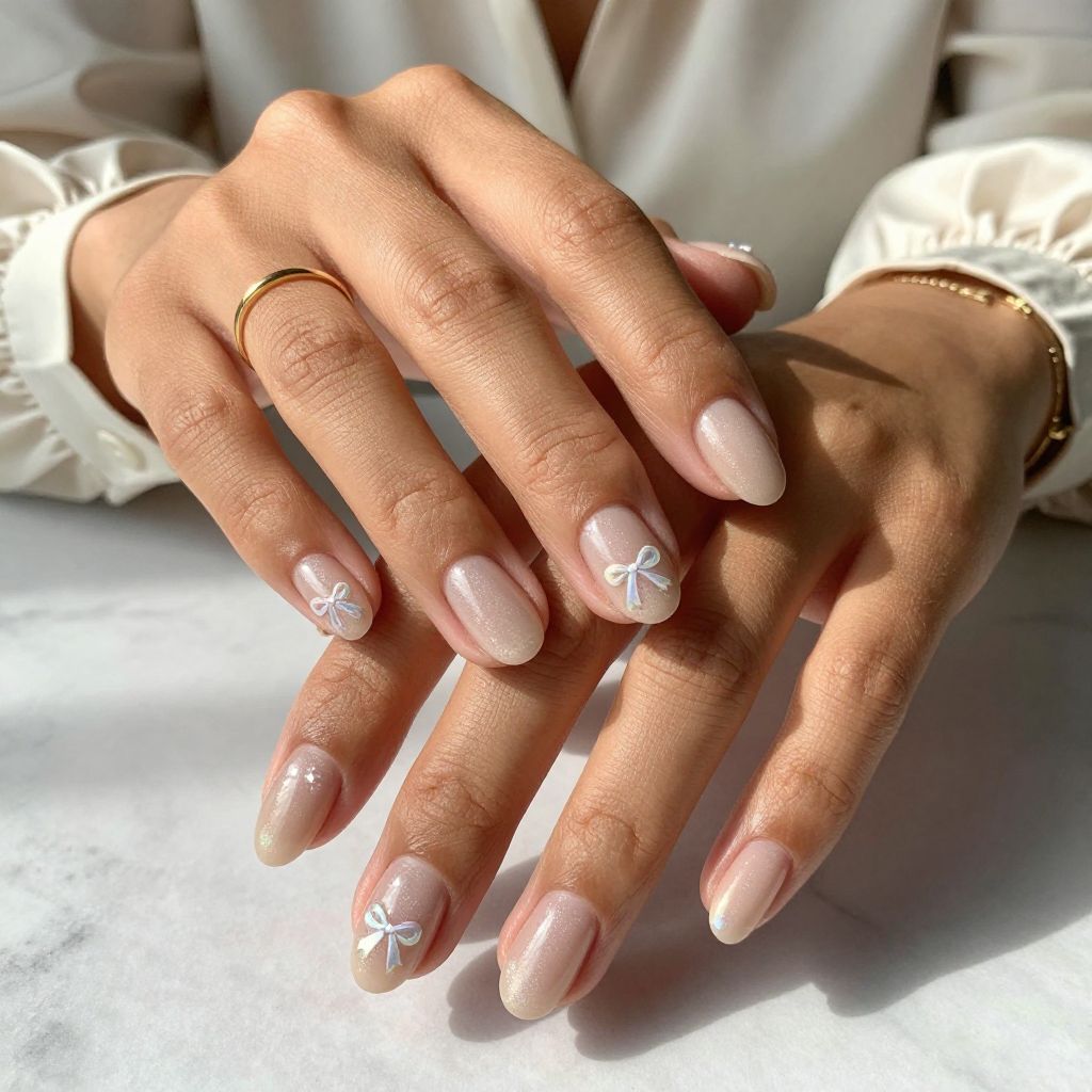 Iridescent Bows on Sheer Nude Nails