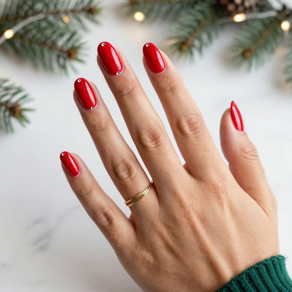 Glossy Red With Tiny Rhinestone Clusters