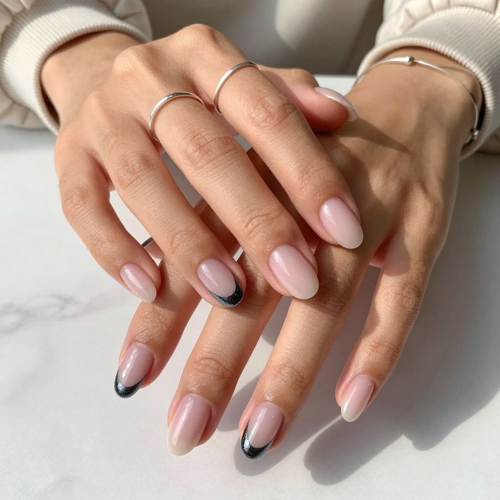 Soft Pink Milk Glass Nails With Black Chrome Accents