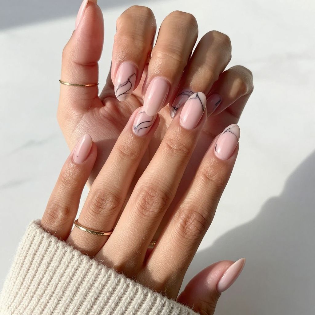 Blush Pink Nails With Black Marble Swirls