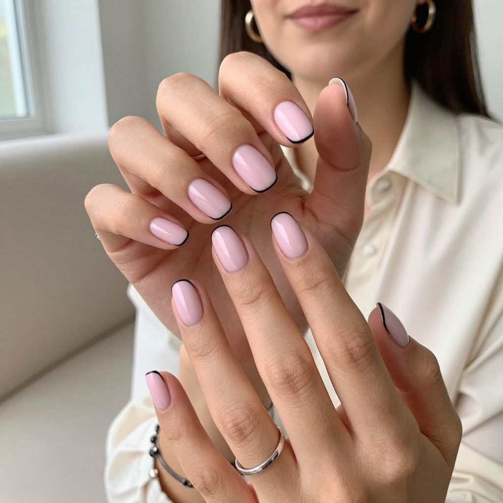 Pastel Pink Nails With Thin Black Outline
