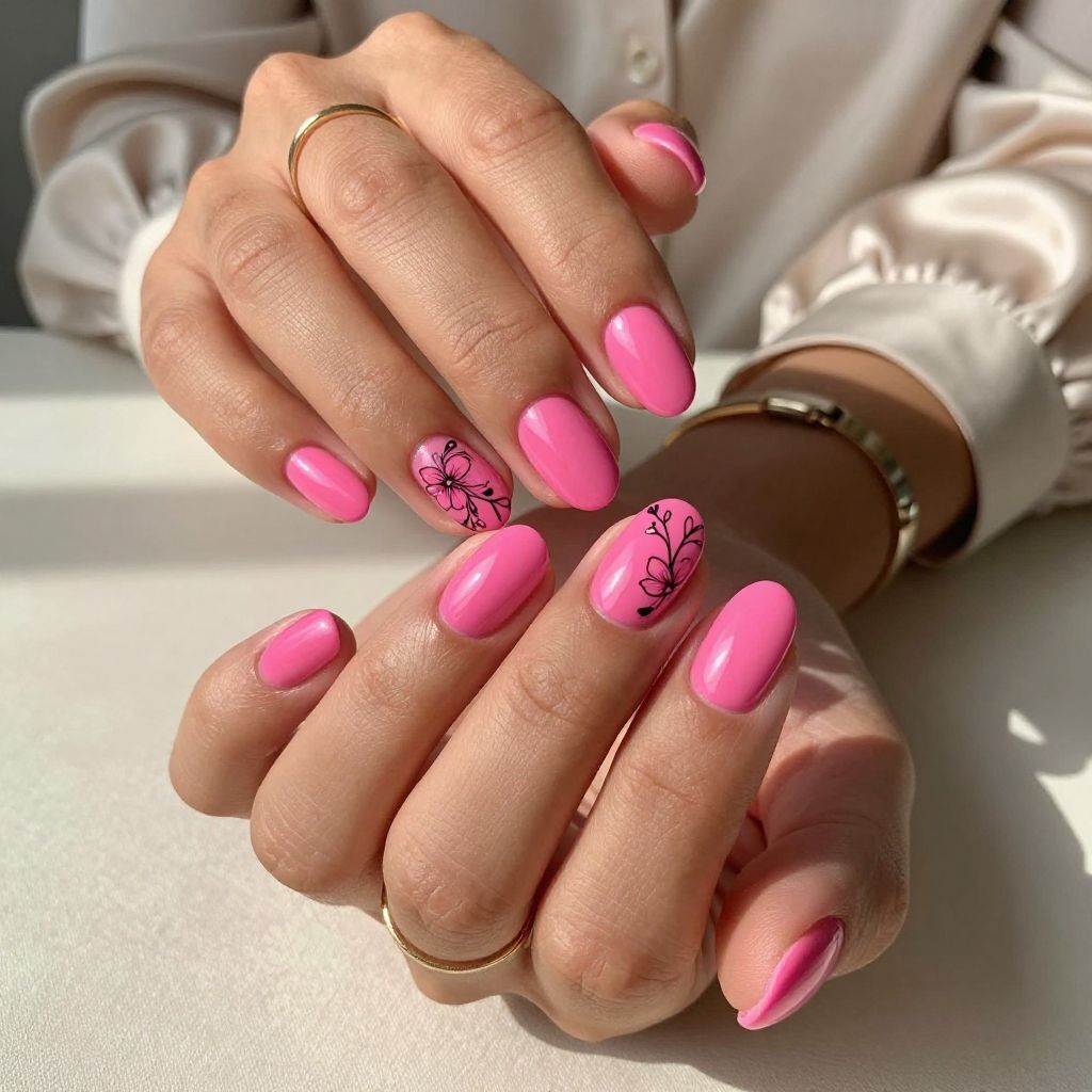 Bold Pink Nails Featuring Black Floral Detail
