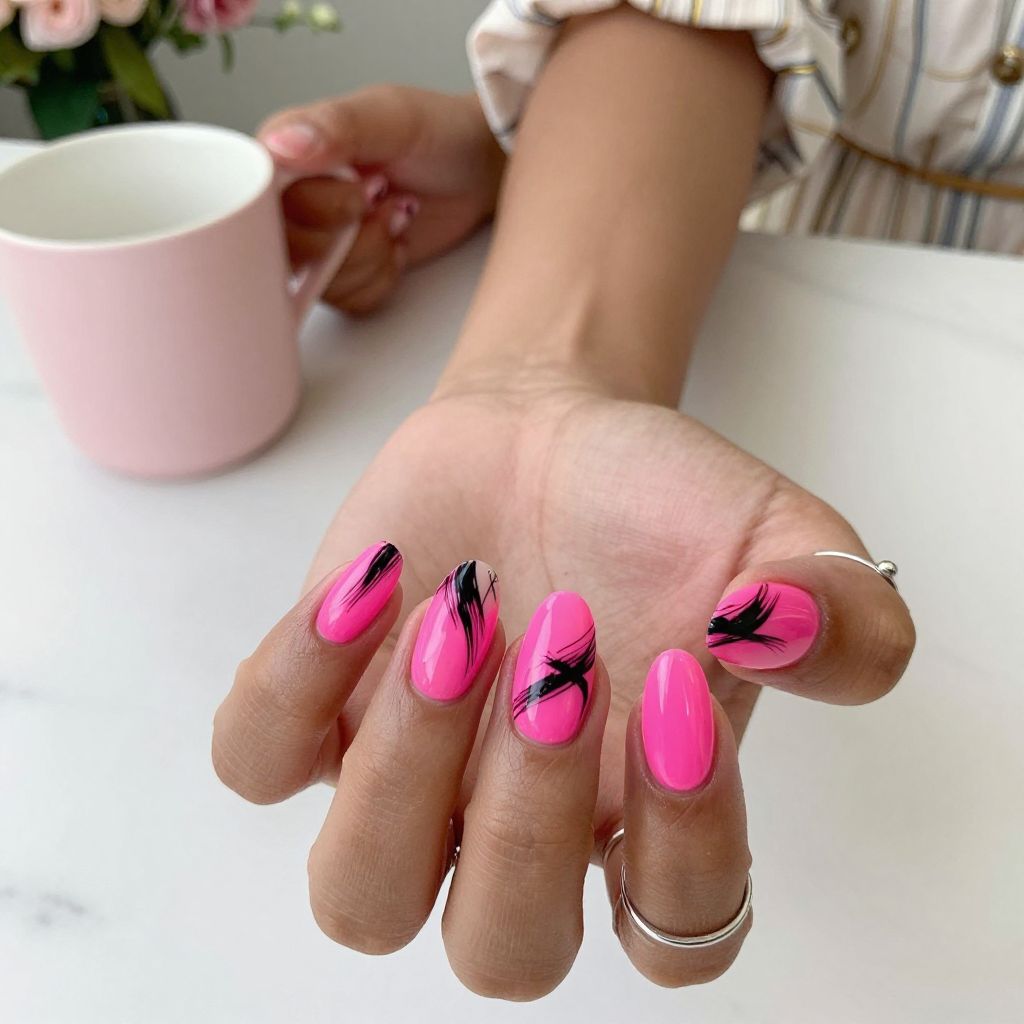 Neon Pink Base With Abstract Black Brush Strokes