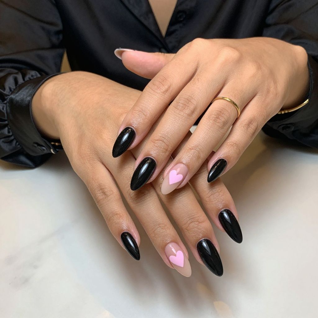 Glossy Black Stiletto Nails With Pink Heart Accents