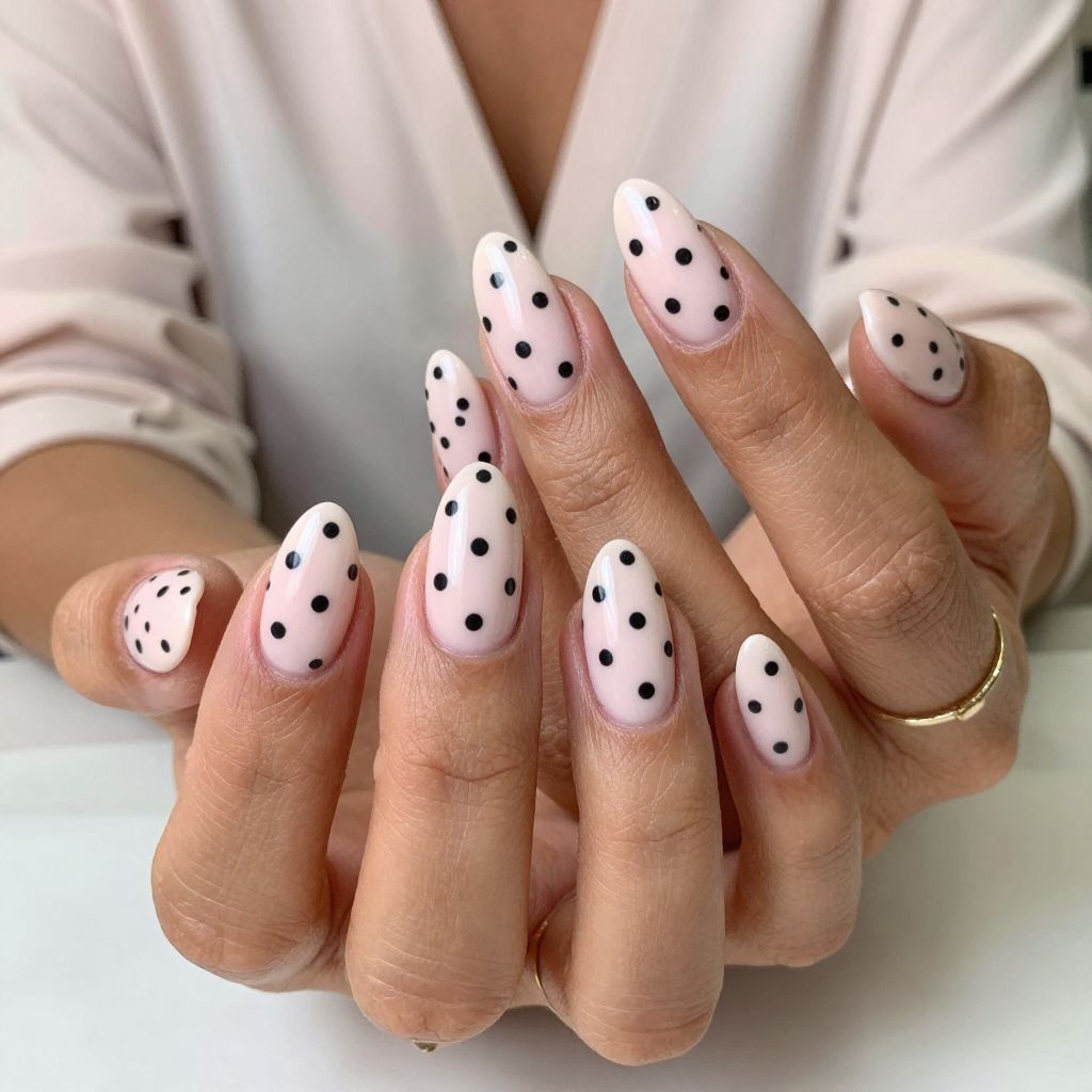 Soft Pink Almonds With Black Matte Polka Dots
