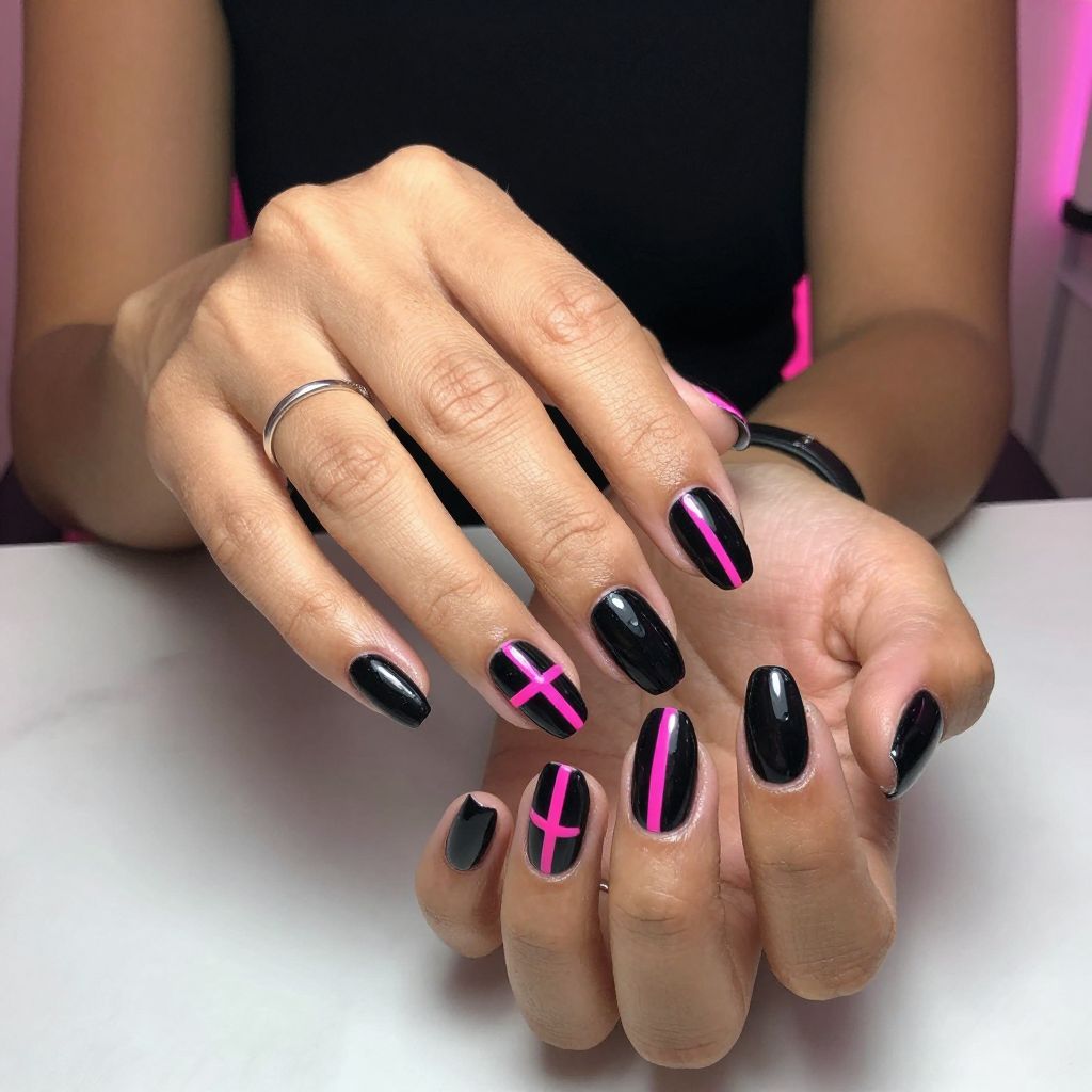 Neon Pink Stripes on Shiny Black Coffin Nails