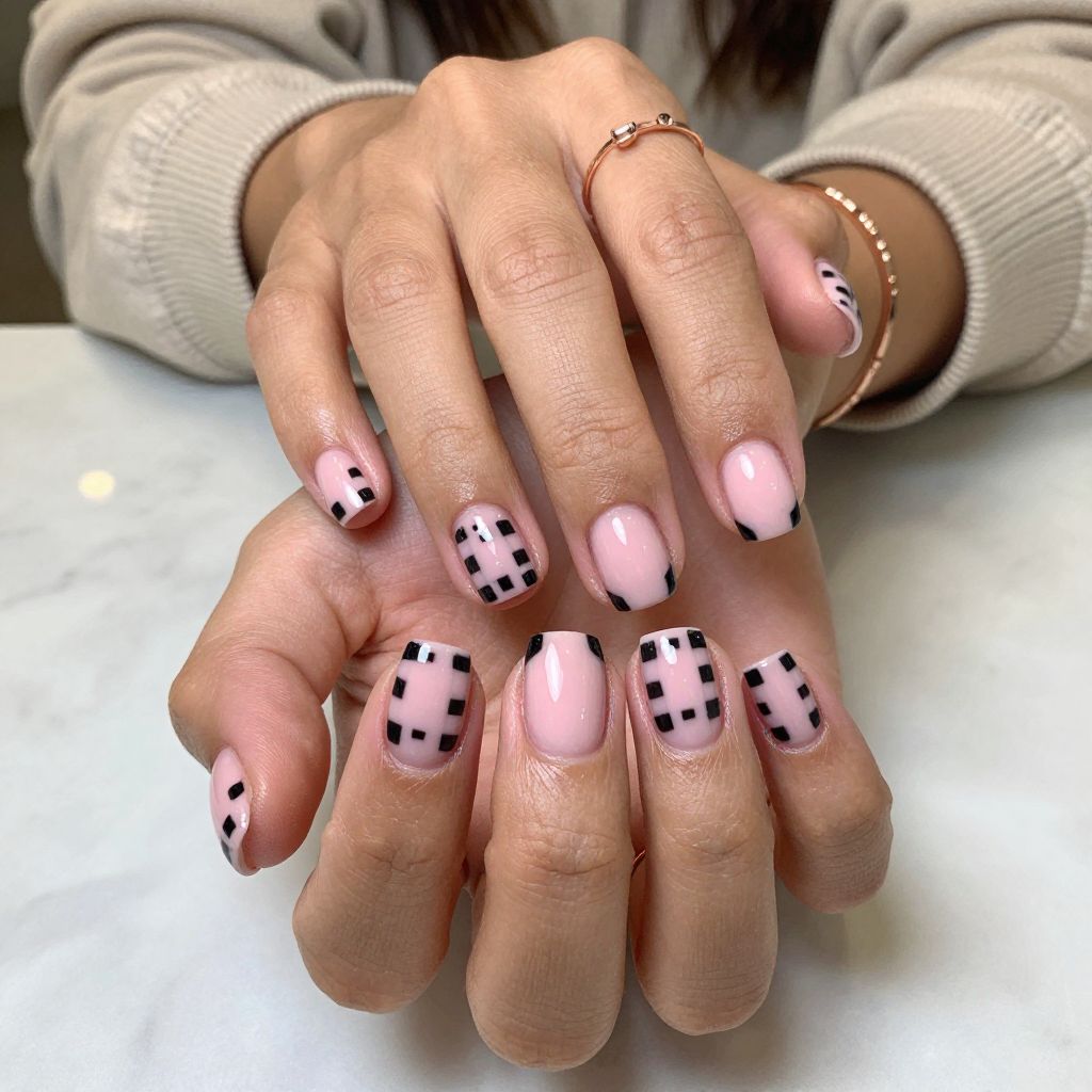 Baby Pink and Black Checkerboard Nails