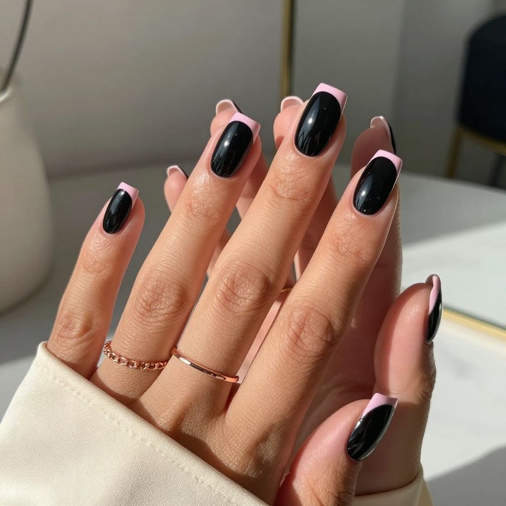 Glossy Black Nails With Pink Diagonal French Tips