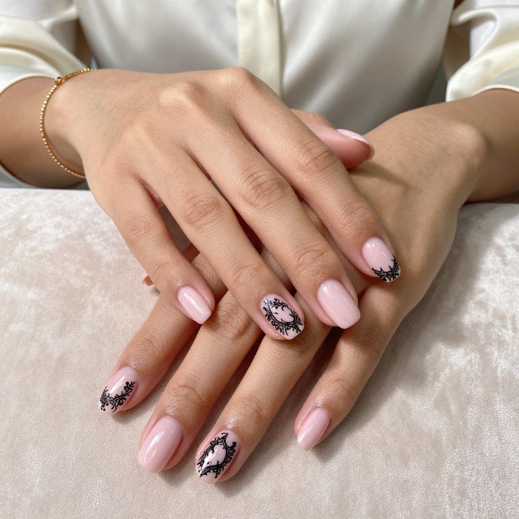 Soft Pink Base With Black Lace Nail Art