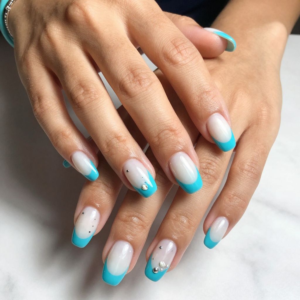 Turquoise Blue Tips on Pearl White Base