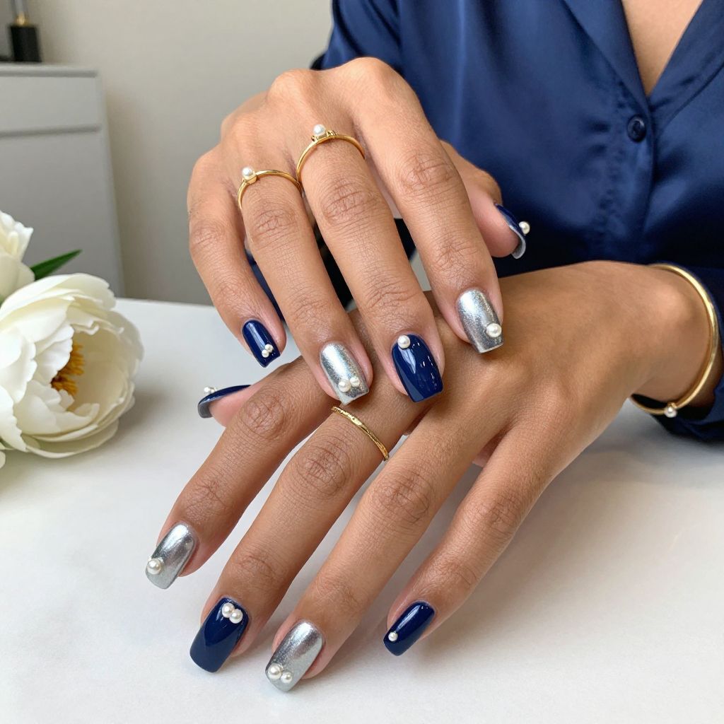 Navy Blue Chrome with Pearl Embellishments