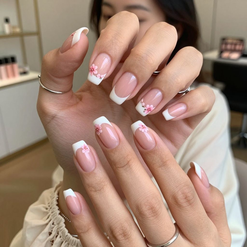 Classic French with Pink Floral Tips