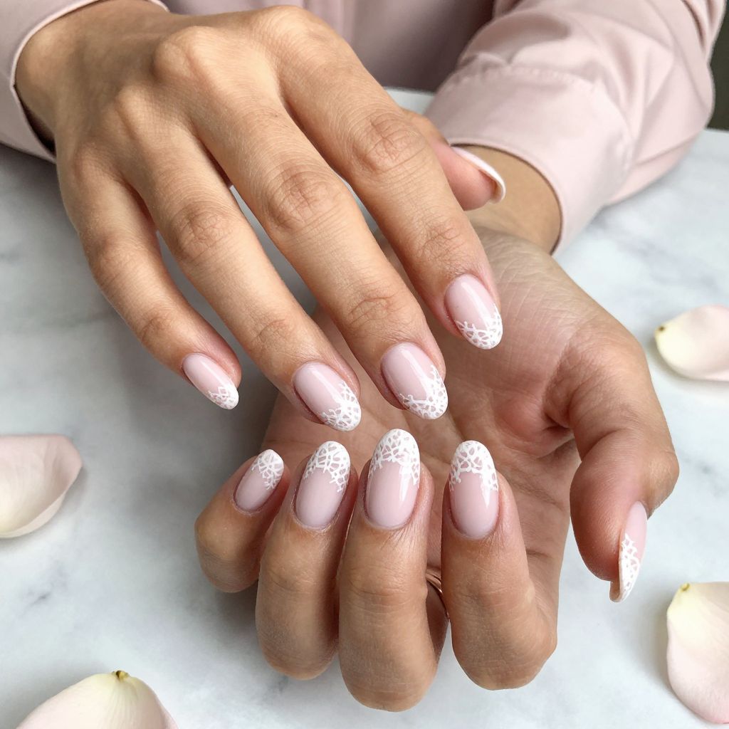 Soft Baby Pink with Lace Pattern French Tips