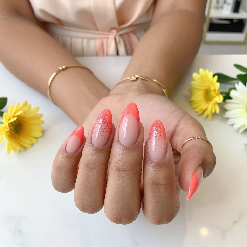 Coral Pink French Tips with Soft Glitter Overflow