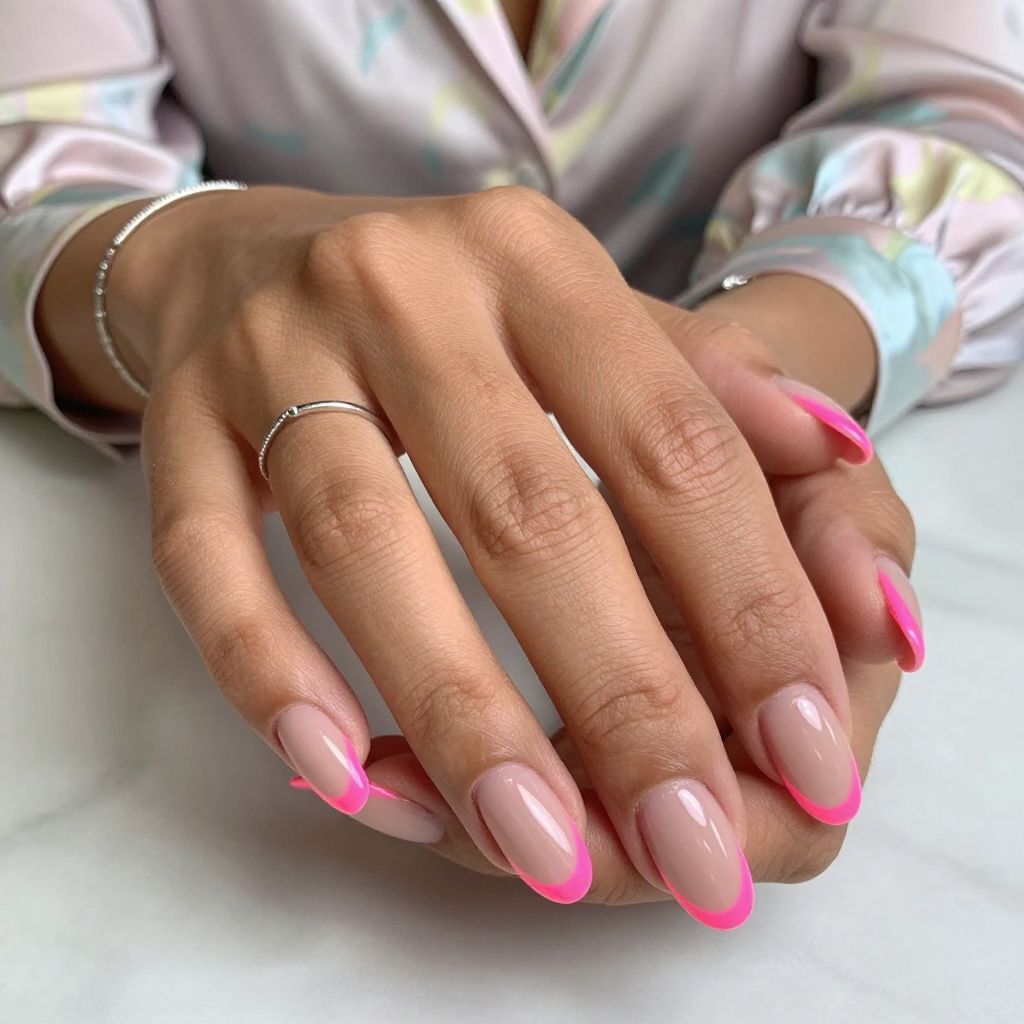 Rosy Nude Base with Sharp Neon Pink French Lines