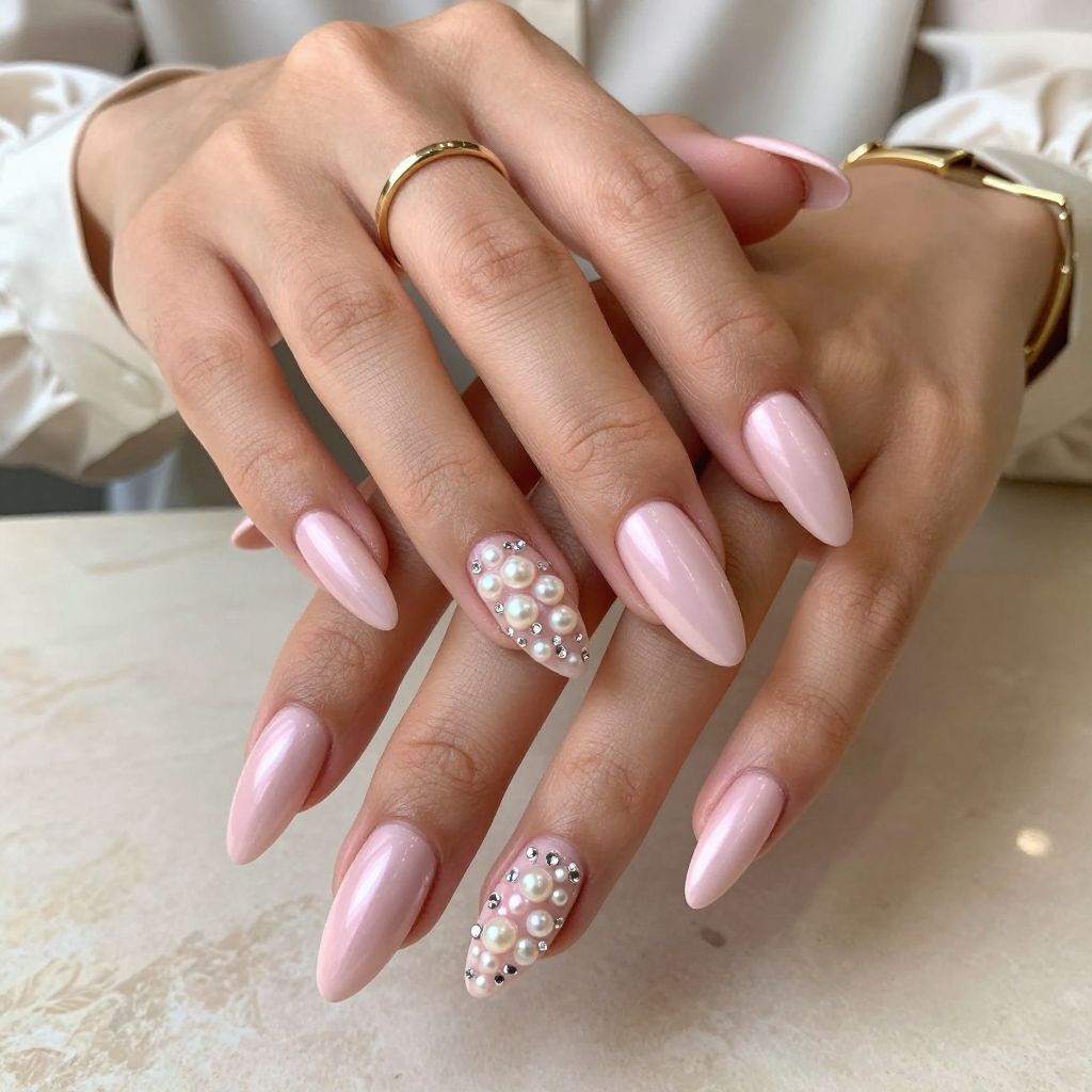 Baby Pink Satin Finish with Pearl and Rhinestone Clusters