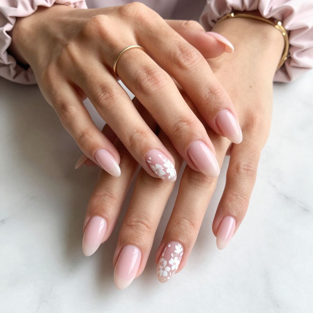 Faded Pink French Tips with Hand-Drawn Floral Accents