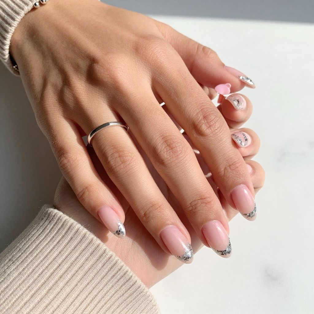 Pastel Pink with Clear French Tips and Silver Foil Details