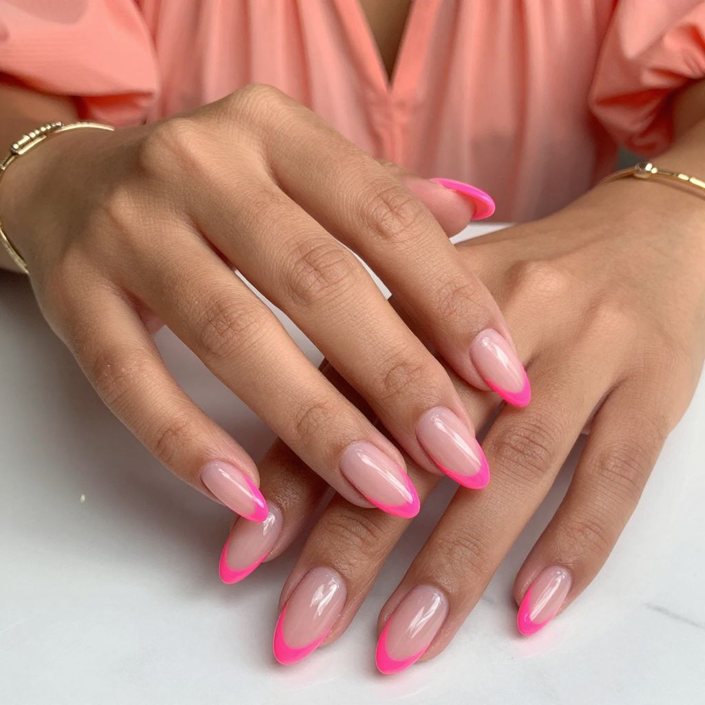 Neon Pink French Tips on Clear Almonds
