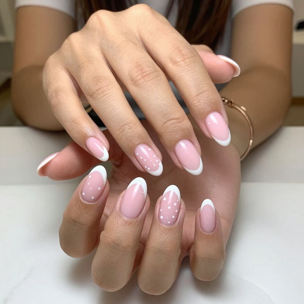Pastel Pink French Tips with White Polka Dots