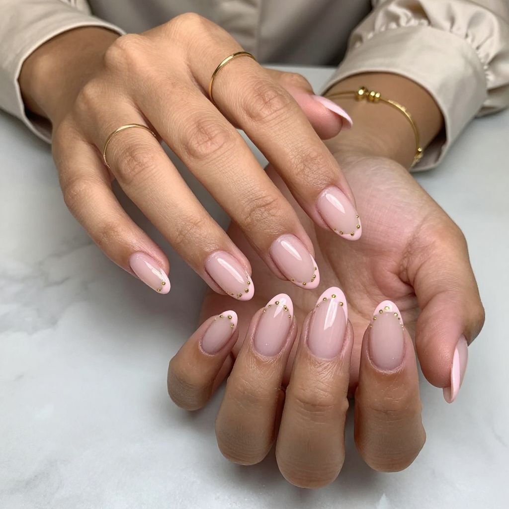 Clear Almond Nails with Soft Pink French Tips and Tiny Gold Studs