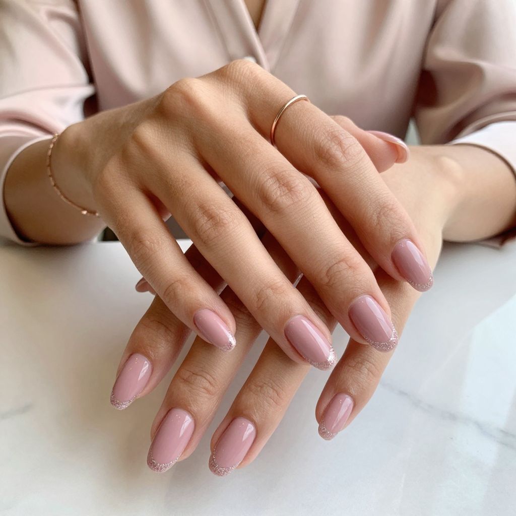 Dusty Pink Matte Finish with Glitter French Lines